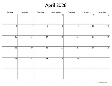 April 2026 Calendar with Bigger boxes