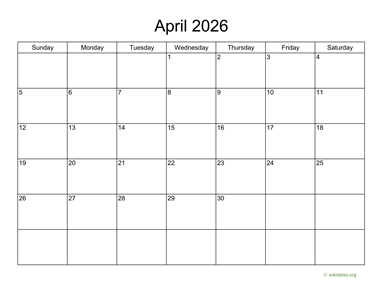 Basic Calendar for April 2026