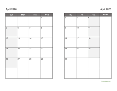 April 2026 Calendar on two pages
