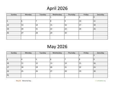 April and May 2026 Calendar Horizontal