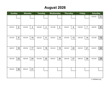 August 2026 Calendar with Day Numbers