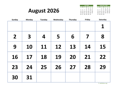 August 2026 Calendar with Extra-large Dates