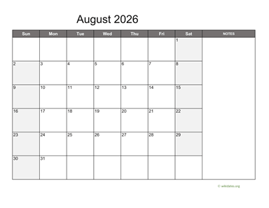 August 2026 Calendar with Notes