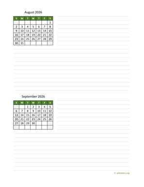 August and September 2026 Calendar with Notes