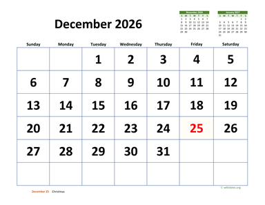 December 2026 Calendar with Extra-large Dates