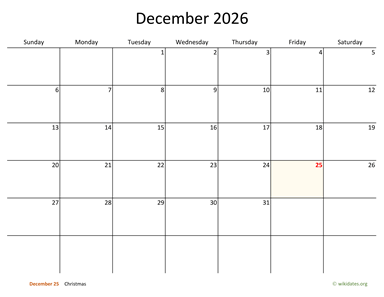 December 2026 Calendar with Bigger boxes