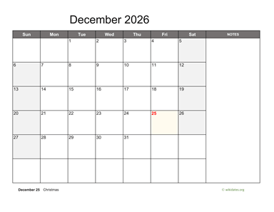December 2026 Calendar with Notes