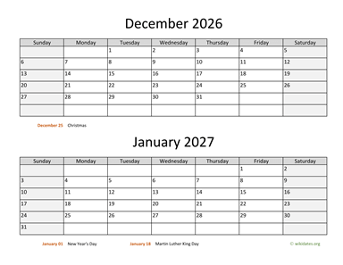 December 2026 and January 2027 Calendar  WikiDates.org