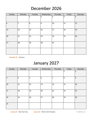 December 2026 and January 2027 Calendar Vertical