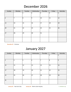 December 2026 and January 2027 Calendar  WikiDates.org