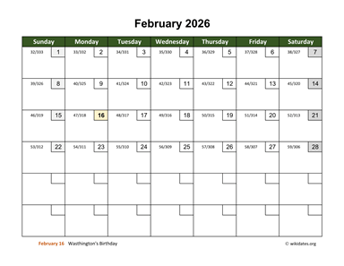 February 2026 Calendar with Day Numbers