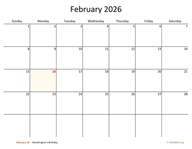 February 2026 Calendar with Bigger boxes