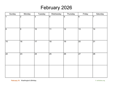 Basic Calendar for February 2026