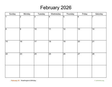 Basic Calendar for February 2026  WikiDates.org