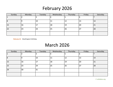 February and March 2026 Calendar Horizontal