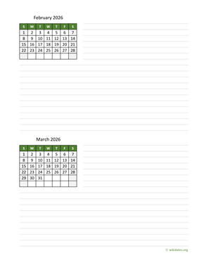 February and March 2026 Calendar with Notes