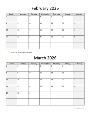 February and March 2026 Calendar Vertical