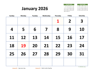 January 2026 Calendar with Extra-large Dates