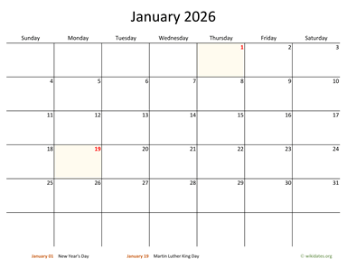 January 2026 Calendar with Bigger boxes