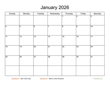 Basic Calendar for January 2026