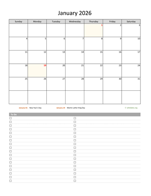 January 2026 Calendar with To-Do List