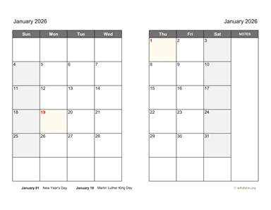 January 2026 Calendar on two pages