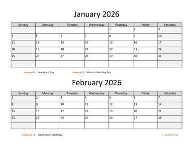 January and February 2026 Calendar Horizontal