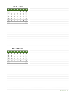 January and February 2026 Calendar with Notes