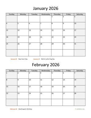 January and February 2026 Calendar Vertical