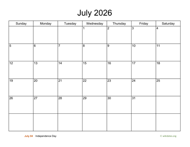 Basic Calendar for July 2026