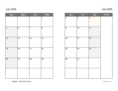 July 2026 Calendar on two pages