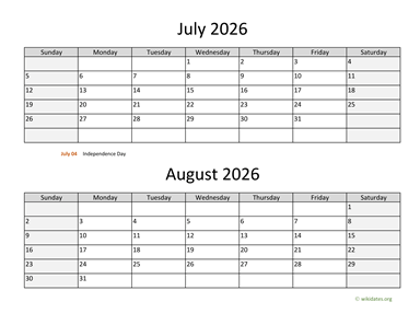 July and August 2026 Calendar Horizontal