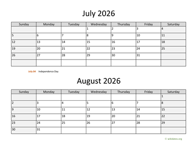 July and August 2026 Calendar  WikiDates.org