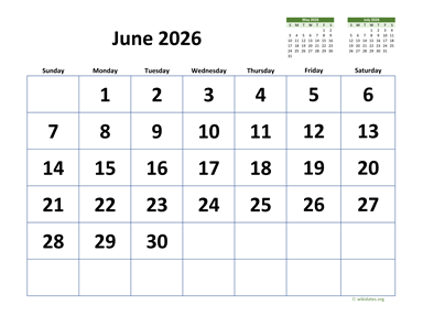 June 2026 Calendar with Extra-large Dates