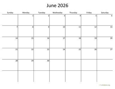 June 2026 Calendar with Bigger boxes