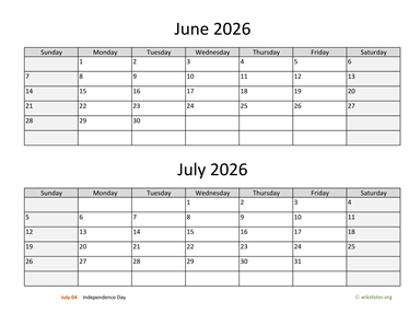 June and July 2026 Calendar Horizontal