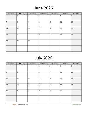 June and July 2026 Calendar Vertical