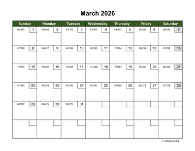 March 2026 Calendar with Day Numbers