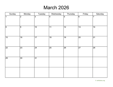 Basic Calendar for March 2026