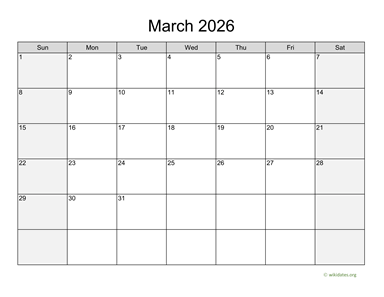 March 2026 Calendar with Weekend Shaded