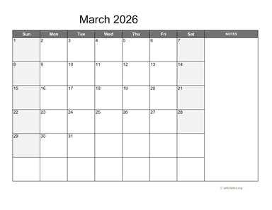 March 2026 Calendar with Notes