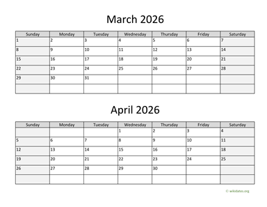 March and April 2026 Calendar Horizontal