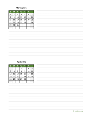 March and April 2026 Calendar with Notes