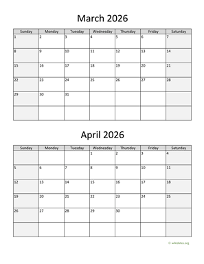 March and April 2026 Calendar Vertical