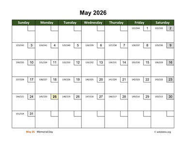 May 2026 Calendar with Day Numbers