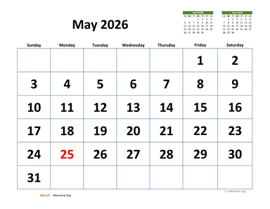 May 2026 Calendar with Extra-large Dates  WikiDates.org