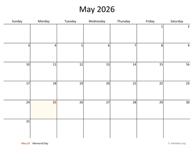 May 2026 Calendar with Bigger boxes