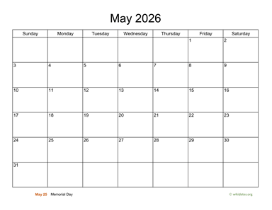 Basic Calendar for May 2026