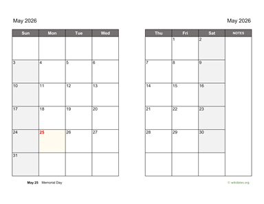 May 2026 Calendar on two pages