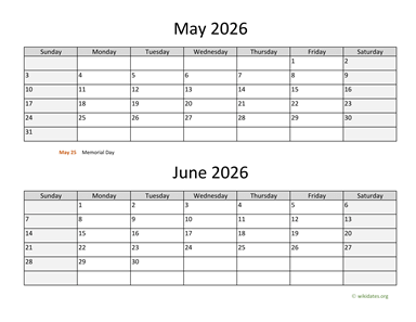 May and June 2026 Calendar Horizontal